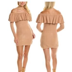 Olivaceous Sweater Dress Long Sleeve Bodycon Cashmere Blend Ruffle Nude Medium